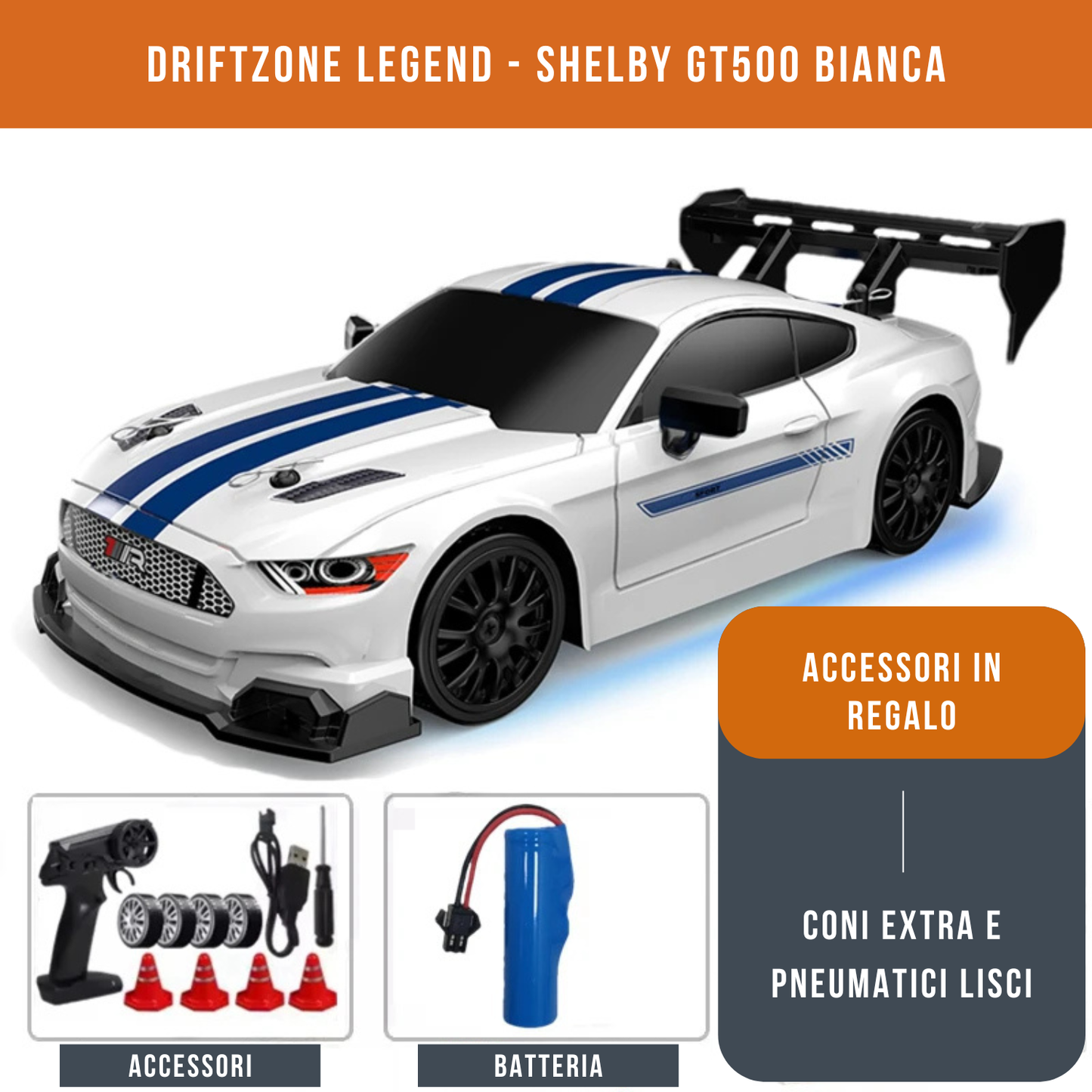 Auto da corsa Shelby GT500 telecomandata scala 1:24 ricaricabile con cavo USB