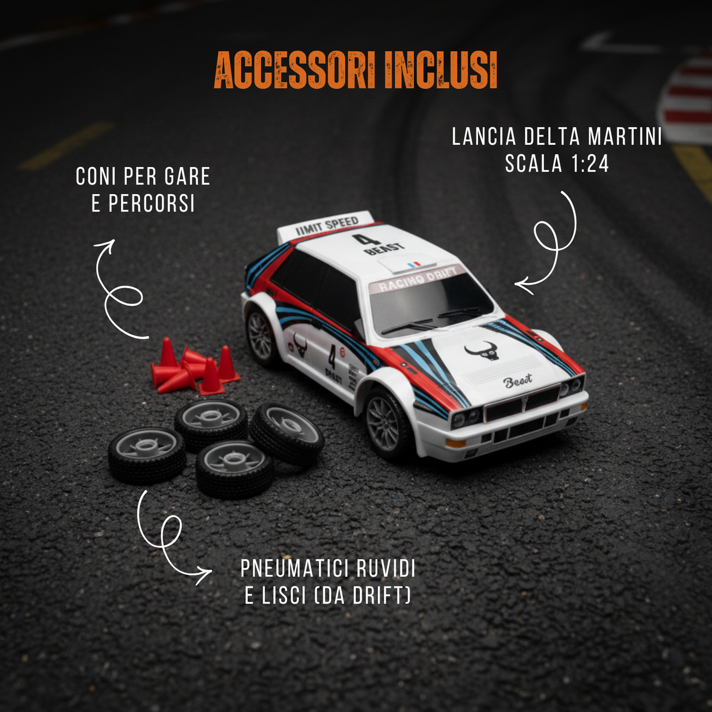 Auto da corsa Delta telecomandata scala 1:24 ricaricabile con cavo USB