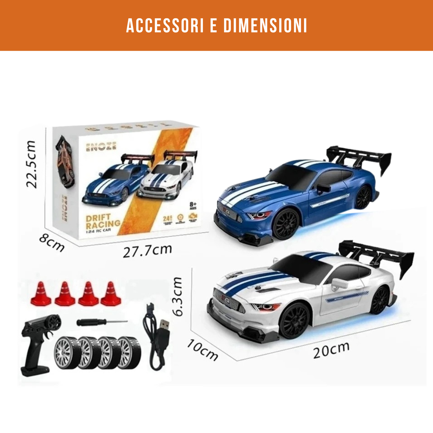 Auto da corsa Shelby GT500 telecomandata scala 1:24 ricaricabile con cavo USB